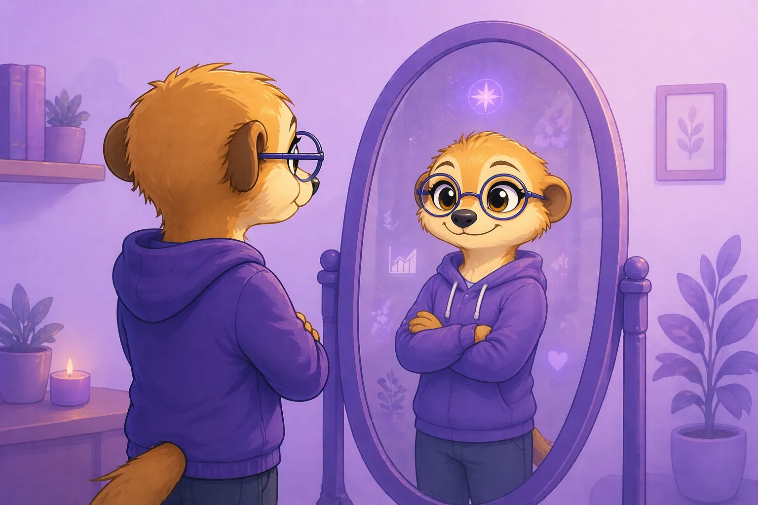 A meerkat discovering itself in a magical mirror